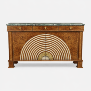 kok kaplama ahsap art deco bufe tasarimi, mermer tablalı luks sideboard tasarimi, konsantrik motifli dekoratif modern bufe, ozel uretim kok kaplama luks bufe tasarimi, metal detayli art deco stil bufe