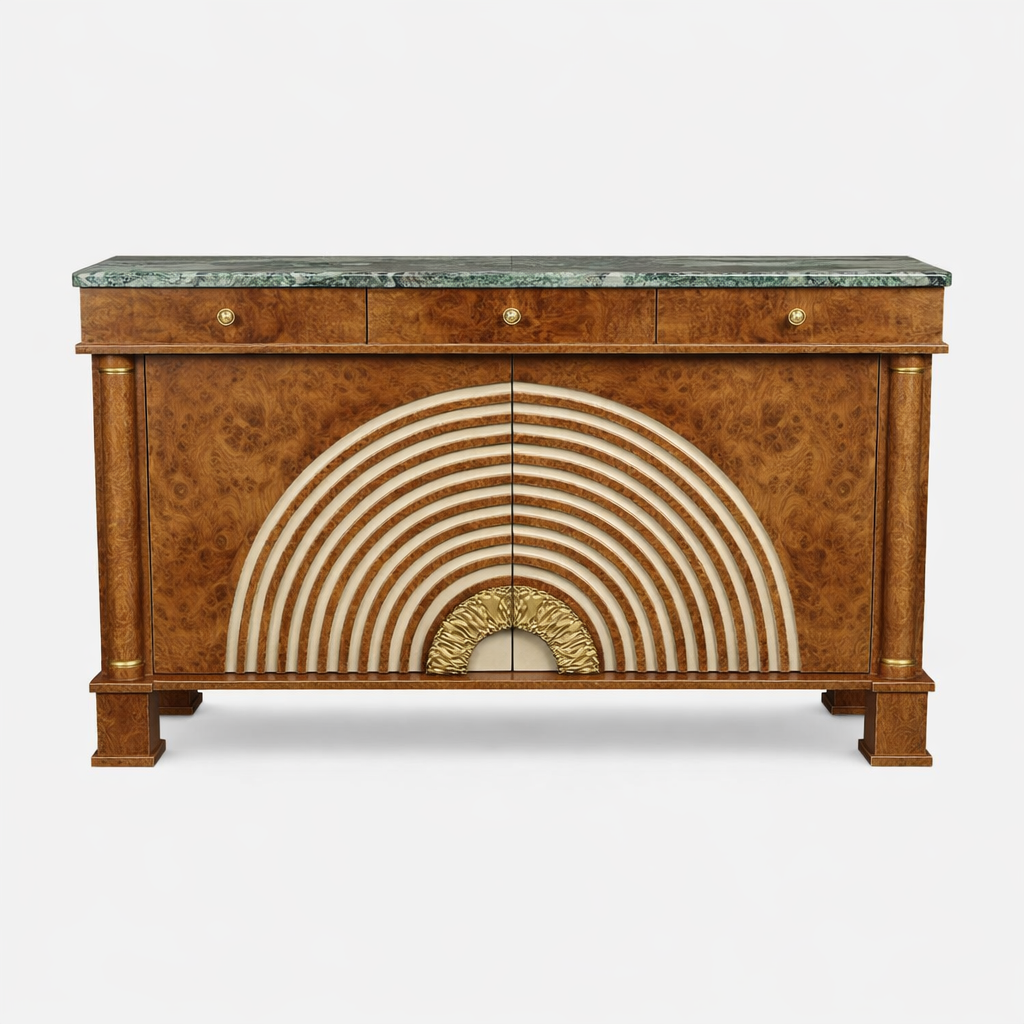 kok kaplama ahsap art deco bufe tasarimi, mermer tablalı luks sideboard tasarimi, konsantrik motifli dekoratif modern bufe, ozel uretim kok kaplama luks bufe tasarimi, metal detayli art deco stil bufe