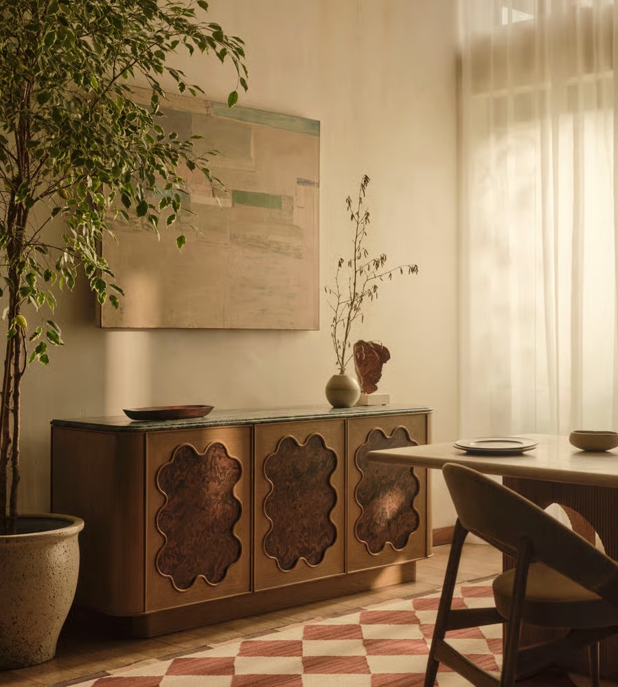 kök kaplama kapaklı büfe, doğal taş tablalı büfe, organik formlu tasarım büfe, modern dekoratif ahşap büfe, özel üretim kök kaplama büfe