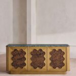 kök kaplama kapaklı büfe, doğal taş tablalı büfe, organik formlu tasarım büfe, modern dekoratif ahşap büfe, özel üretim kök kaplama büfe