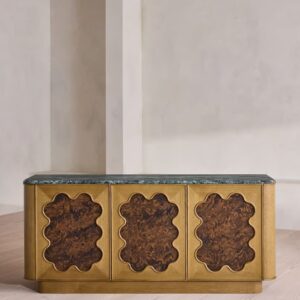 kök kaplama kapaklı büfe, doğal taş tablalı büfe, organik formlu tasarım büfe, modern dekoratif ahşap büfe, özel üretim kök kaplama büfe