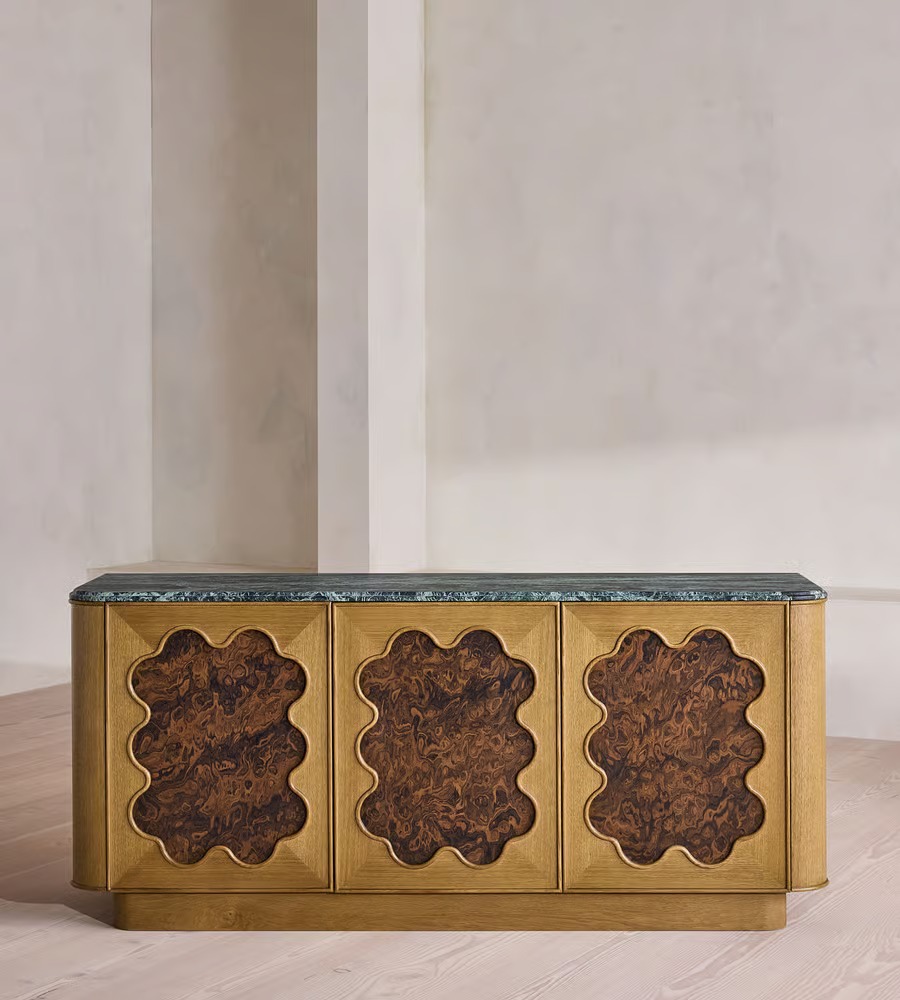 kök kaplama kapaklı büfe, doğal taş tablalı büfe, organik formlu tasarım büfe, modern dekoratif ahşap büfe, özel üretim kök kaplama büfe