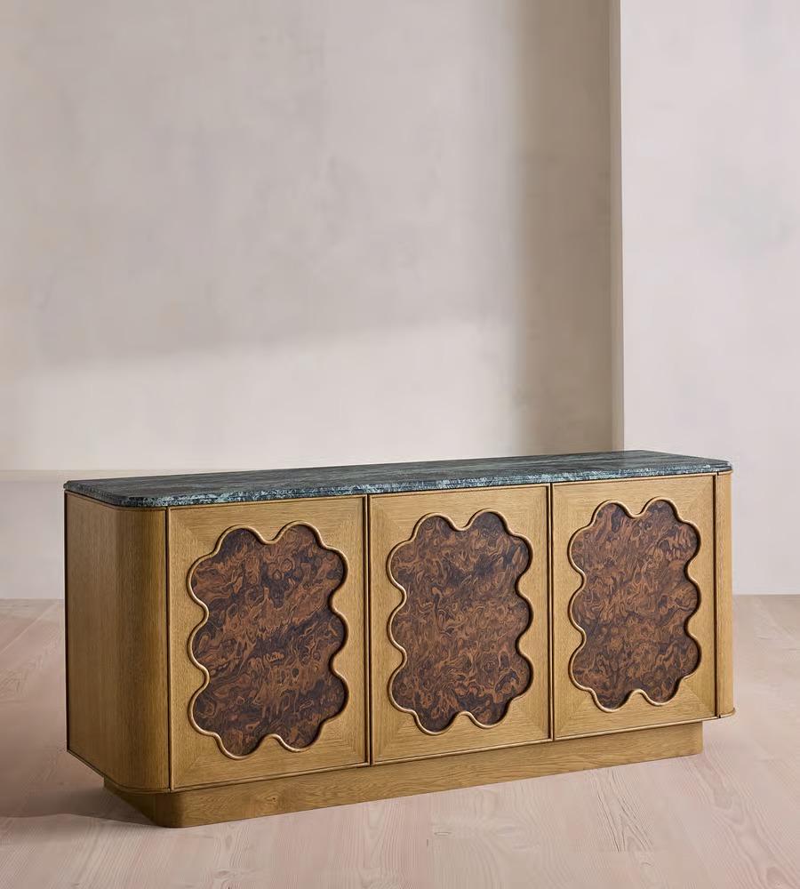 kök kaplama kapaklı büfe, doğal taş tablalı büfe, organik formlu tasarım büfe, modern dekoratif ahşap büfe, özel üretim kök kaplama büfe