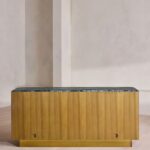 kök kaplama kapaklı büfe, doğal taş tablalı büfe, organik formlu tasarım büfe, modern dekoratif ahşap büfe, özel üretim kök kaplama büfe