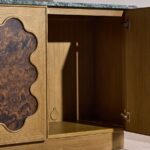 kök kaplama kapaklı büfe, doğal taş tablalı büfe, organik formlu tasarım büfe, modern dekoratif ahşap büfe, özel üretim kök kaplama büfe