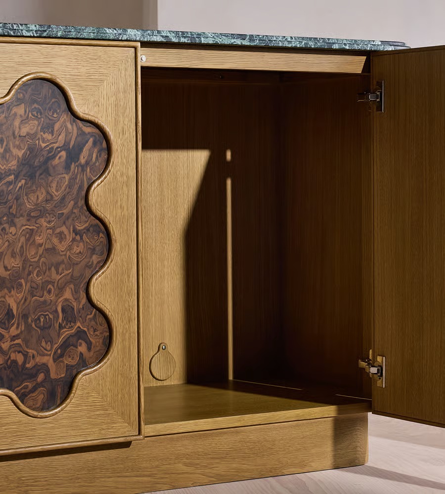 kök kaplama kapaklı büfe, doğal taş tablalı büfe, organik formlu tasarım büfe, modern dekoratif ahşap büfe, özel üretim kök kaplama büfe