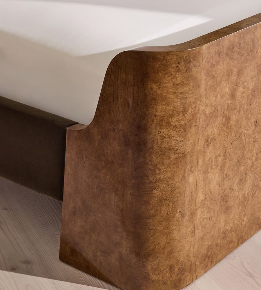 kavisli masif ahşap yatak tasarım, art deco stil özel ölçü karyola, ceviz kaplama lüks yatak modeli, sipariş mobilya yatak odası tasarımı, ısmarlama mobilya modern bed frame