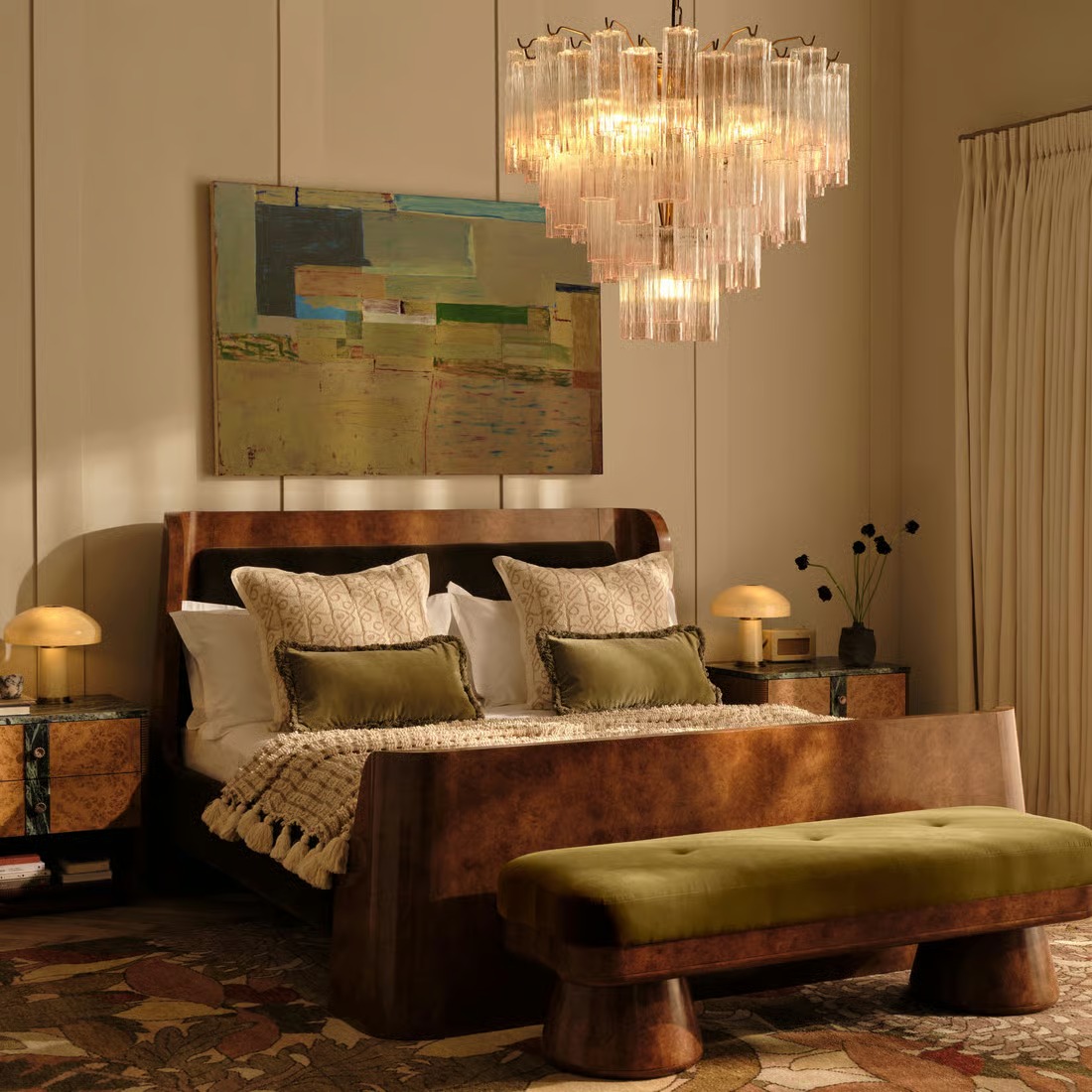 kavisli masif ahşap yatak tasarım, art deco stil özel ölçü karyola, ceviz kaplama lüks yatak modeli, sipariş mobilya yatak odası tasarımı, ısmarlama mobilya modern bed frame