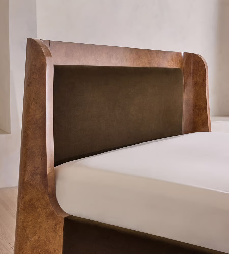 kavisli masif ahşap yatak tasarım, art deco stil özel ölçü karyola, ceviz kaplama lüks yatak modeli, sipariş mobilya yatak odası tasarımı, ısmarlama mobilya modern bed frame