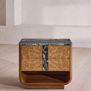 burl kaplama komodin mermer tabla, kavisli art deco komodin özel ölçü, yeşil mermer üstlü lüks komodin, sipariş mobilya yatak yanı dolabı, ısmarlama mobilya modern bedside table