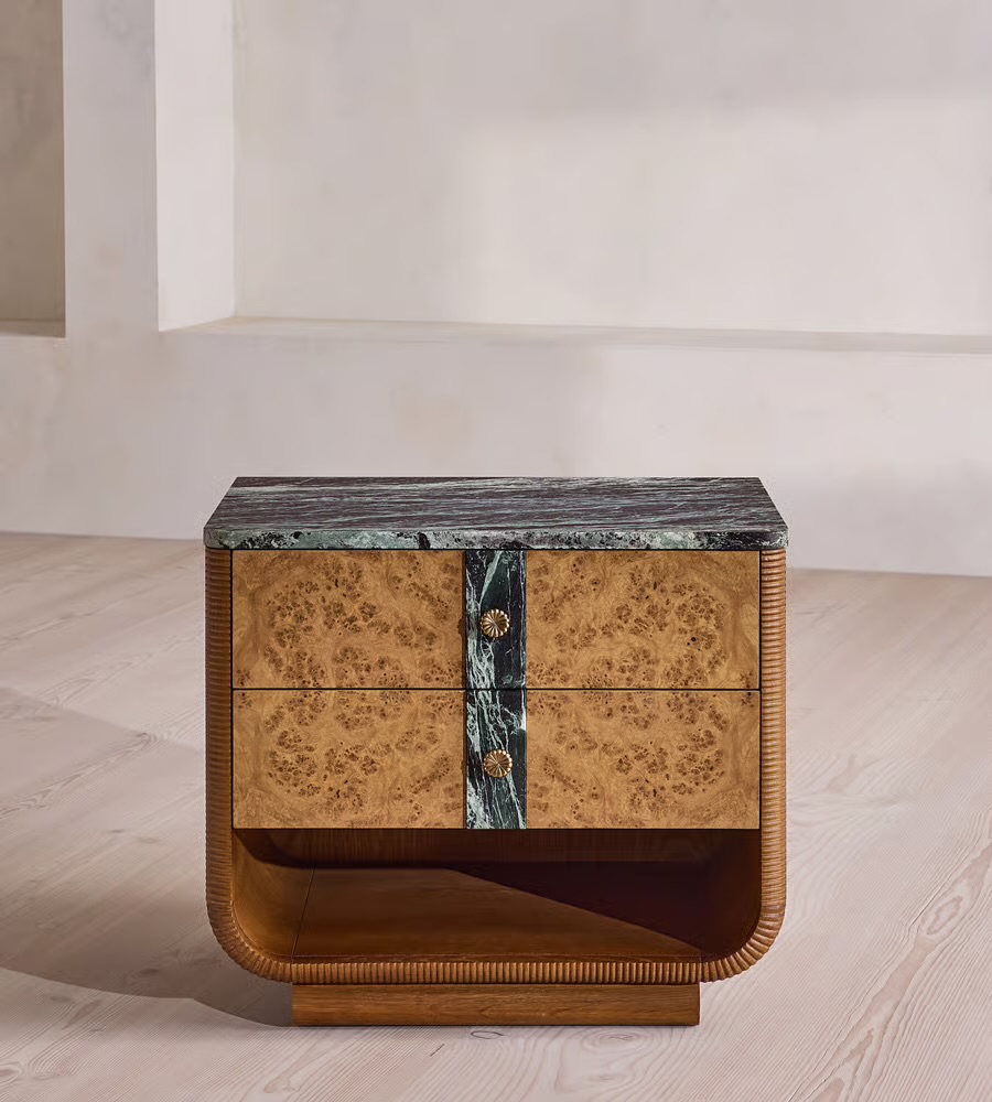 burl kaplama komodin mermer tabla, kavisli art deco komodin özel ölçü, yeşil mermer üstlü lüks komodin, sipariş mobilya yatak yanı dolabı, ısmarlama mobilya modern bedside table