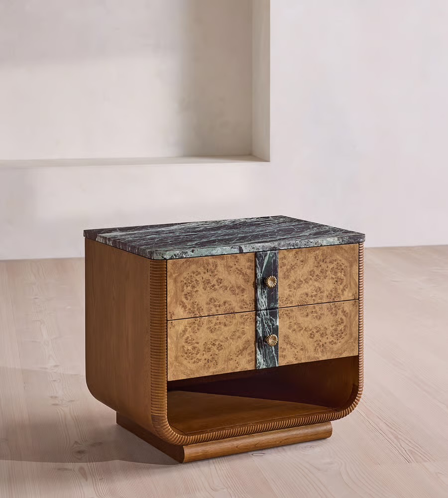 burl kaplama komodin mermer tabla, kavisli art deco komodin özel ölçü, yeşil mermer üstlü lüks komodin, sipariş mobilya yatak yanı dolabı, ısmarlama mobilya modern bedside table
