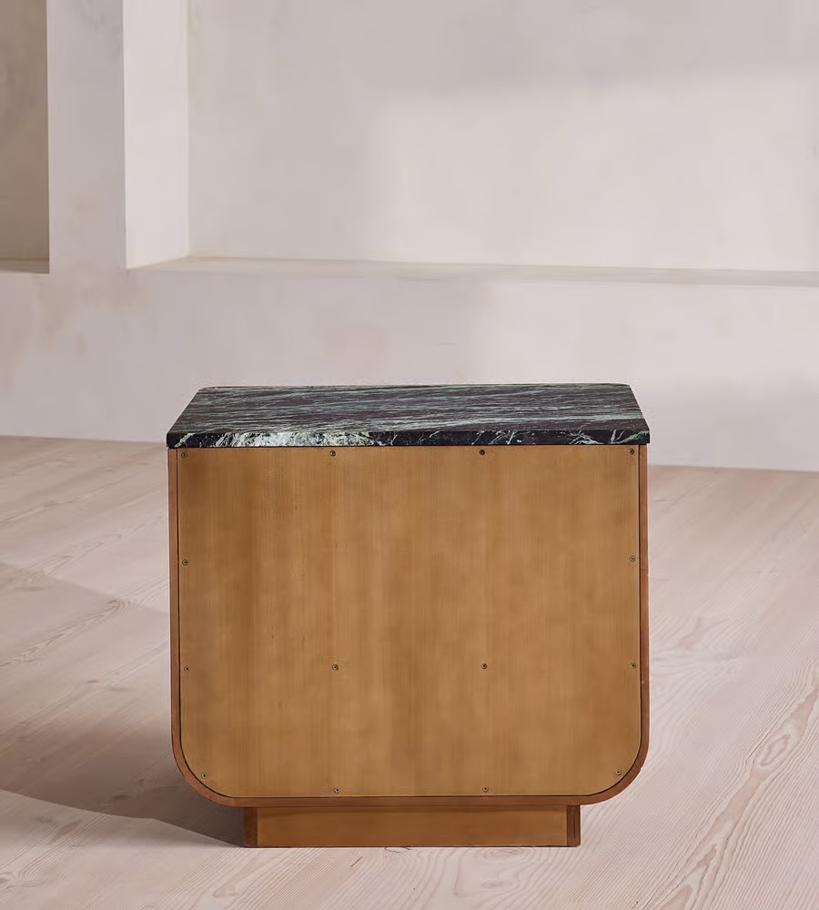 burl kaplama komodin mermer tabla, kavisli art deco komodin özel ölçü, yeşil mermer üstlü lüks komodin, sipariş mobilya yatak yanı dolabı, ısmarlama mobilya modern bedside table