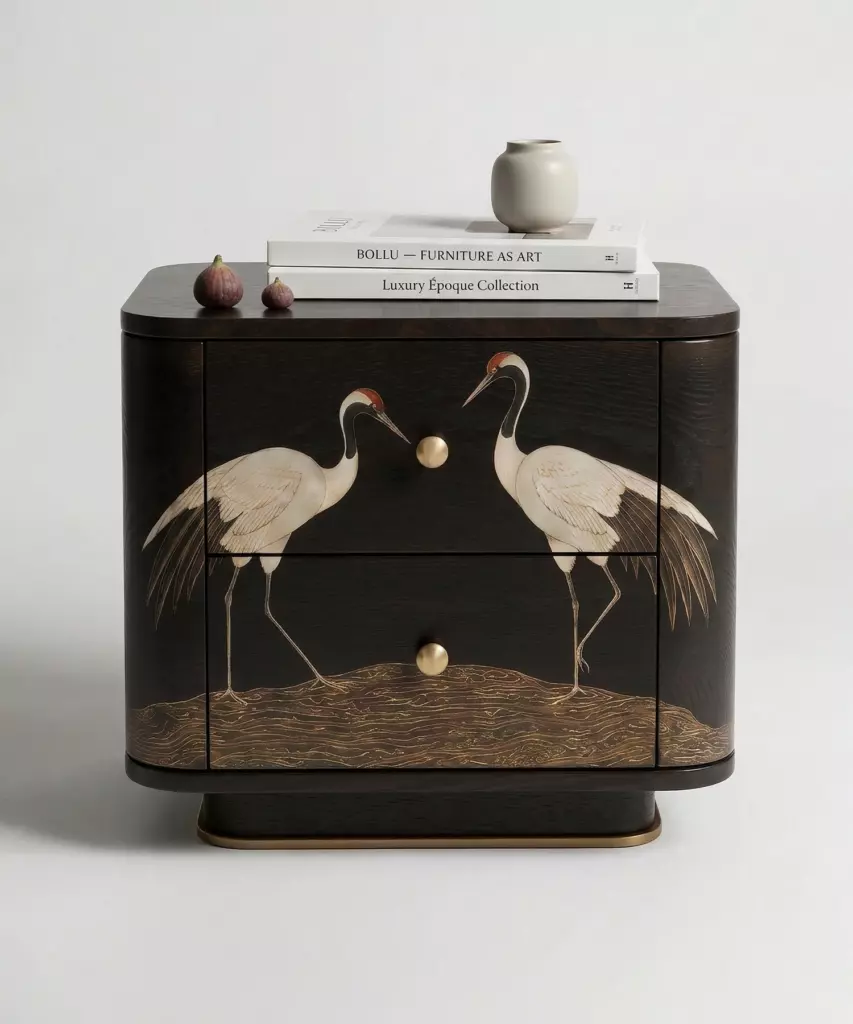 el işleme motifli komodin özel ölçü, art deco ahşap komodin sipariş mobilya, ısmarlama mobilya lake komodin tasarım, turna desenli dekoratif bedside table, sanat objesi komodin masif ahşap