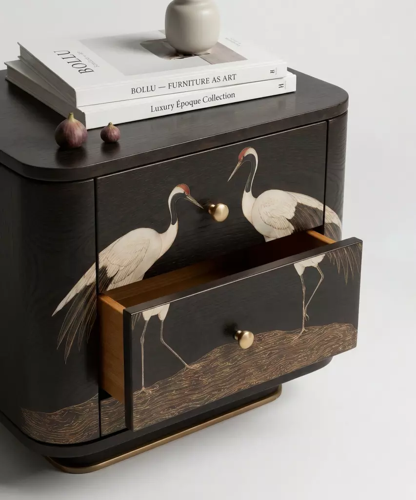 el işleme motifli komodin özel ölçü, art deco ahşap komodin sipariş mobilya, ısmarlama mobilya lake komodin tasarım, turna desenli dekoratif bedside table, sanat objesi komodin masif ahşap