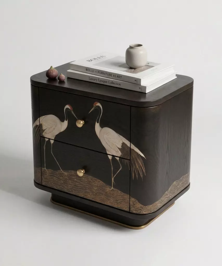 el işleme motifli komodin özel ölçü, art deco ahşap komodin sipariş mobilya, ısmarlama mobilya lake komodin tasarım, turna desenli dekoratif bedside table, sanat objesi komodin masif ahşap