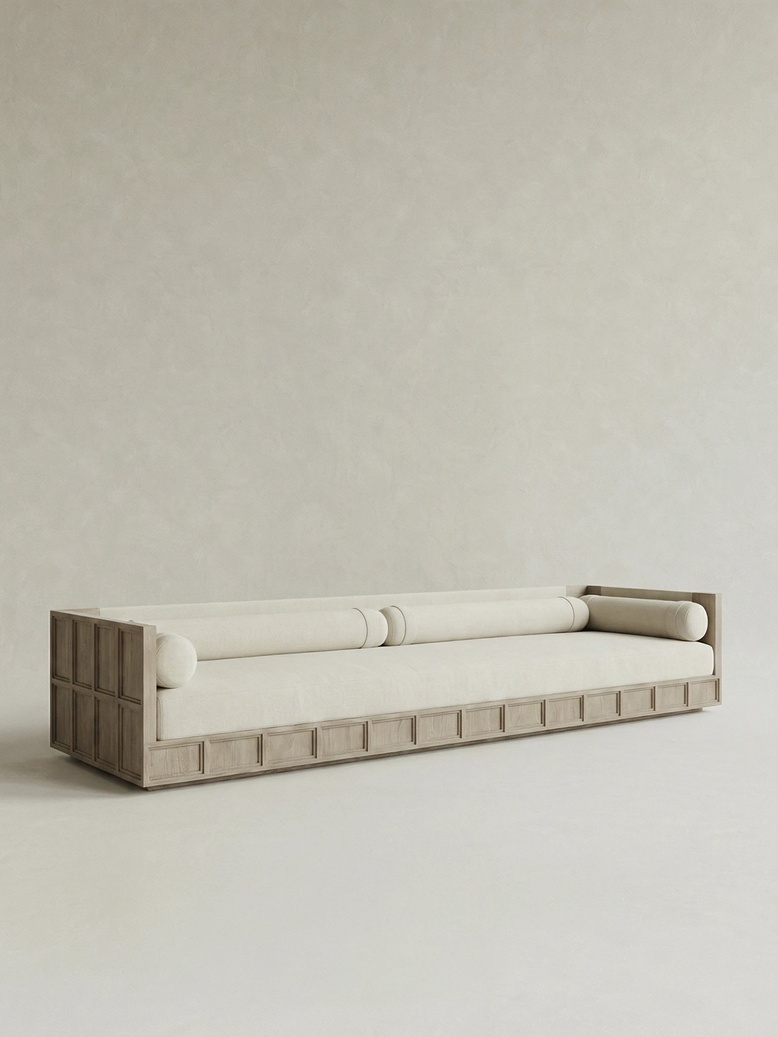 masif mese panel detayli uzun kanepe tasarimi, lineer modern sofa minimal tasarim, ozel uretim ahsap kanepe modeli, japandi stil uzun oturum kanepe, panel kaideli modern kanepe