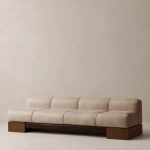 masif ahsap platform modern kanepe tasarimi, kalin minderli moduler sofa modeli, ozel uretim genis oturum kanepe, dusuk profil modern salon koltugu, dokulu kumas platform bazli kanepe