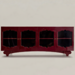 kirmizi lake cam kapak bufe tasarimi, vintage modern bufe dolabi, ozel uretim lake sideboard, pirinc detayli cam kapak bufe, dekoratif ic yuzeyli bufe