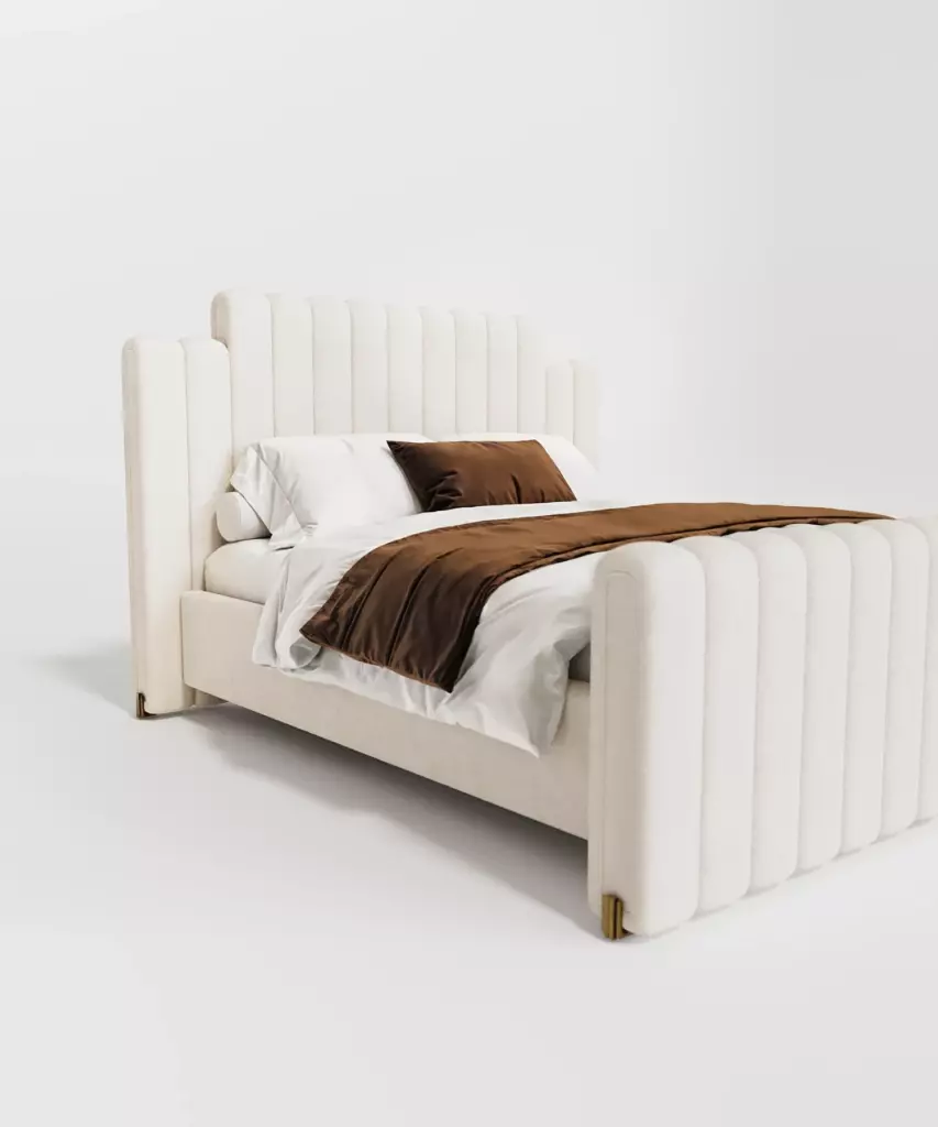 dikey kanallı döşemeli karyola, art deco başlıklı modern yatak, yüksek başlıklı döşemeli yatak çerçevesi, metal köşe detaylı tasarım karyola, özel üretim kanallı yatak başlığı