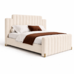 dikey kanallı döşemeli karyola, art deco başlıklı modern yatak, yüksek başlıklı döşemeli yatak çerçevesi, metal köşe detaylı tasarım karyola, özel üretim kanallı yatak başlığı