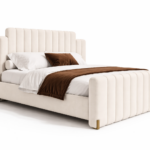 dikey kanallı döşemeli karyola, art deco başlıklı modern yatak, yüksek başlıklı döşemeli yatak çerçevesi, metal köşe detaylı tasarım karyola, özel üretim kanallı yatak başlığı