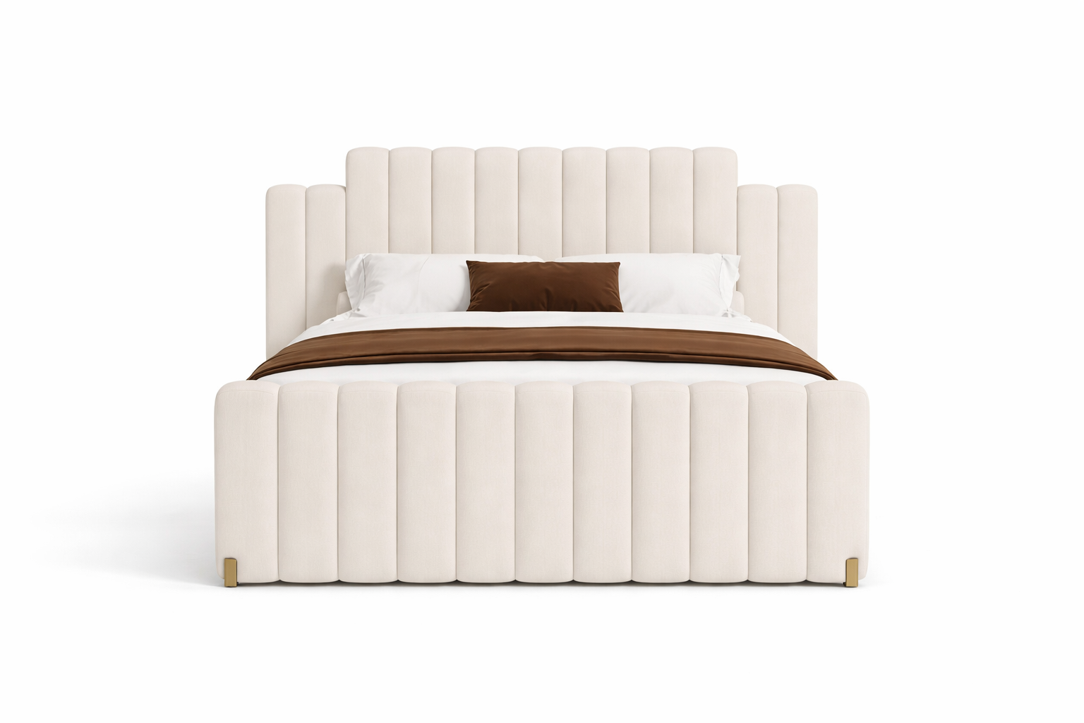 dikey kanallı döşemeli karyola, art deco başlıklı modern yatak, yüksek başlıklı döşemeli yatak çerçevesi, metal köşe detaylı tasarım karyola, özel üretim kanallı yatak başlığı