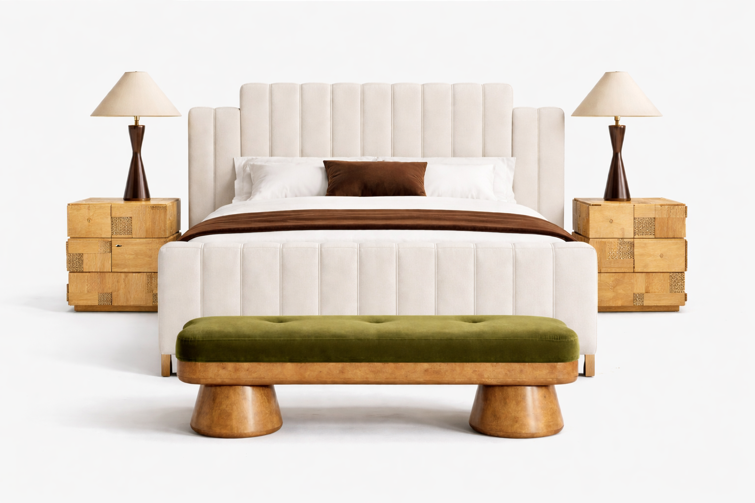 dikey kanallı döşemeli karyola, art deco başlıklı modern yatak, yüksek başlıklı döşemeli yatak çerçevesi, metal köşe detaylı tasarım karyola, özel üretim kanallı yatak başlığı