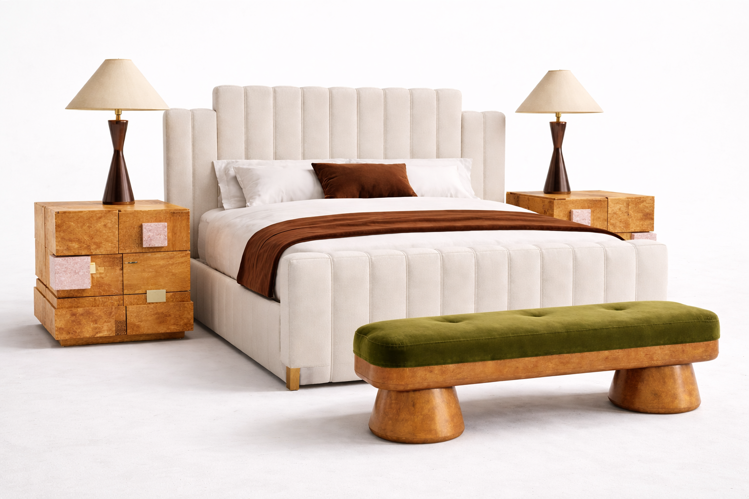 dikey kanallı döşemeli karyola, art deco başlıklı modern yatak, yüksek başlıklı döşemeli yatak çerçevesi, metal köşe detaylı tasarım karyola, özel üretim kanallı yatak başlığı