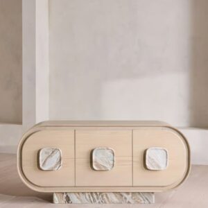 kavisli gövdeli masif ahşap büfe, traverten kulplu modern sideboard, traverten kaideli tasarım büfe, oval form masif ahşap konsol büfe, özel üretim traverten detaylı büfe