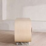 kavisli gövdeli masif ahşap büfe, traverten kulplu modern sideboard, traverten kaideli tasarım büfe, oval form masif ahşap konsol büfe, özel üretim traverten detaylı büfe