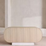 kavisli gövdeli masif ahşap büfe, traverten kulplu modern sideboard, traverten kaideli tasarım büfe, oval form masif ahşap konsol büfe, özel üretim traverten detaylı büfe