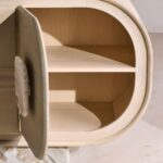 kavisli gövdeli masif ahşap büfe, traverten kulplu modern sideboard, traverten kaideli tasarım büfe, oval form masif ahşap konsol büfe, özel üretim traverten detaylı büfe