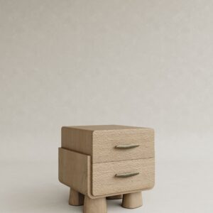 masif mese dokulu cekmeceli komodin tasarimi, japandi stil modern yatak yani komodin, ozel uretim masif ahsap bedside table, dokulu panel yuzey modern komodin tasarimi, yuvarlatilmis form minimal yatak yani komodin