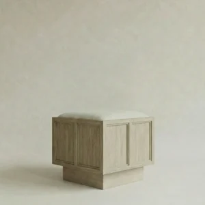masif mese panel detayli puf tasarimi, dosemeli modern ahsap puf, ozel uretim ottoman tasarimi, panel govdeli minimal puf, japandi stil modern puf