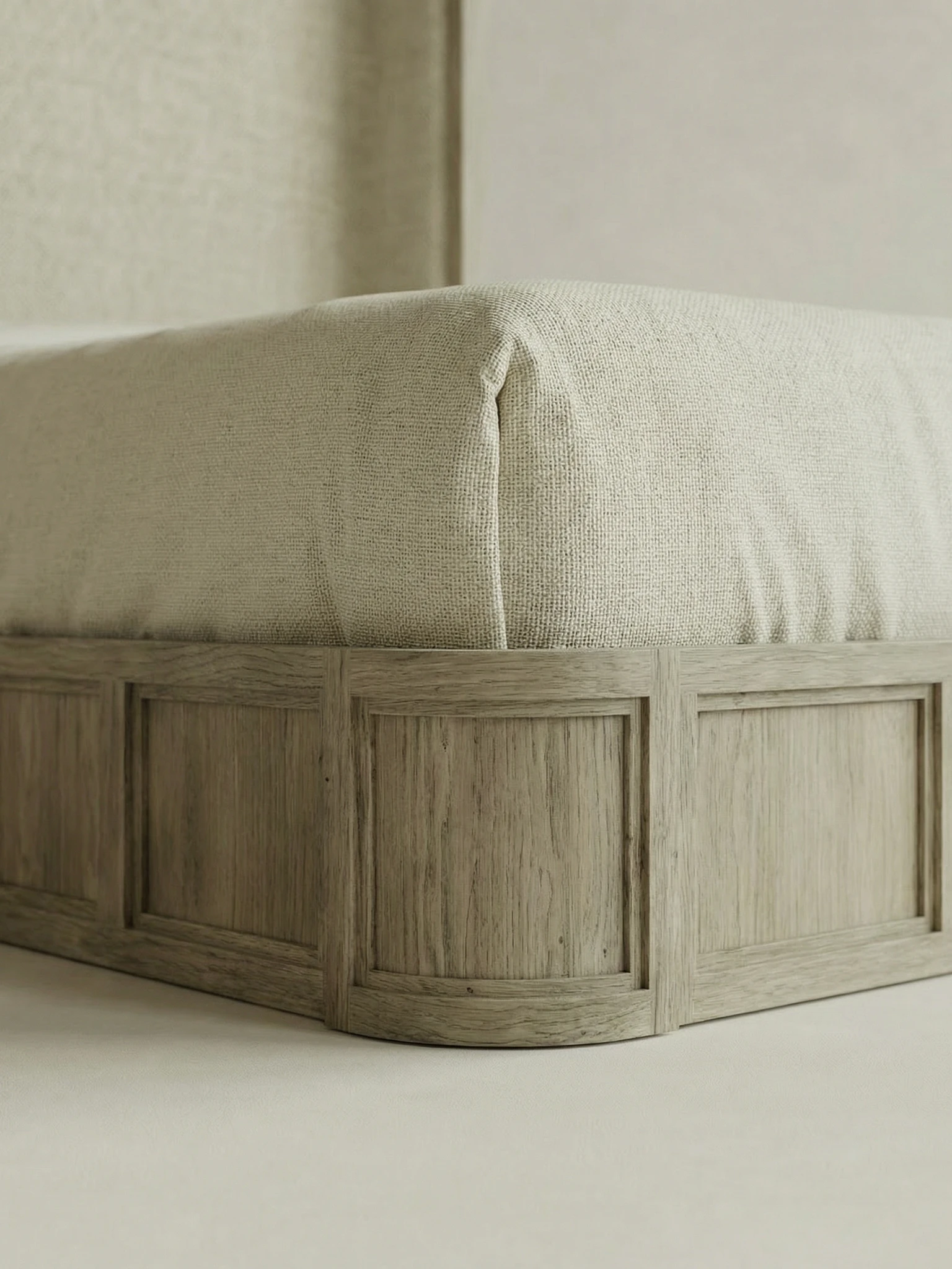 masif mese panel detayli karyola tasarimi, dosemeli baslikli modern yatak modeli, ozel uretim ahsap karyola, japandi stil modern yatak tasarimi, panel detayli premium karyola