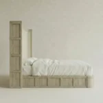 masif mese panel detayli karyola tasarimi, dosemeli baslikli modern yatak modeli, ozel uretim ahsap karyola, japandi stil modern yatak tasarimi, panel detayli premium karyola