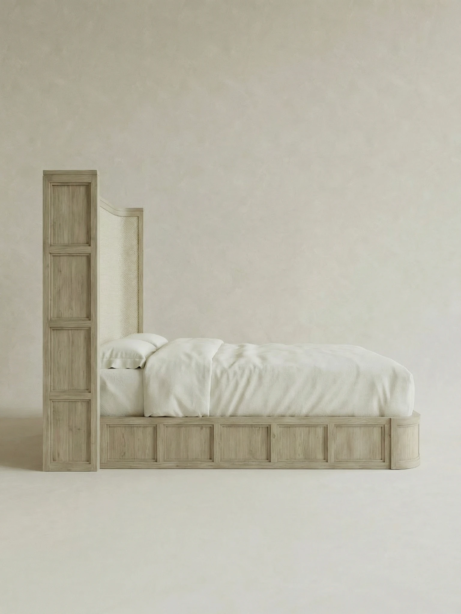 masif mese panel detayli karyola tasarimi, dosemeli baslikli modern yatak modeli, ozel uretim ahsap karyola, japandi stil modern yatak tasarimi, panel detayli premium karyola