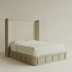 masif mese panel detayli karyola tasarimi, dosemeli baslikli modern yatak modeli, ozel uretim ahsap karyola, japandi stil modern yatak tasarimi, panel detayli premium karyola