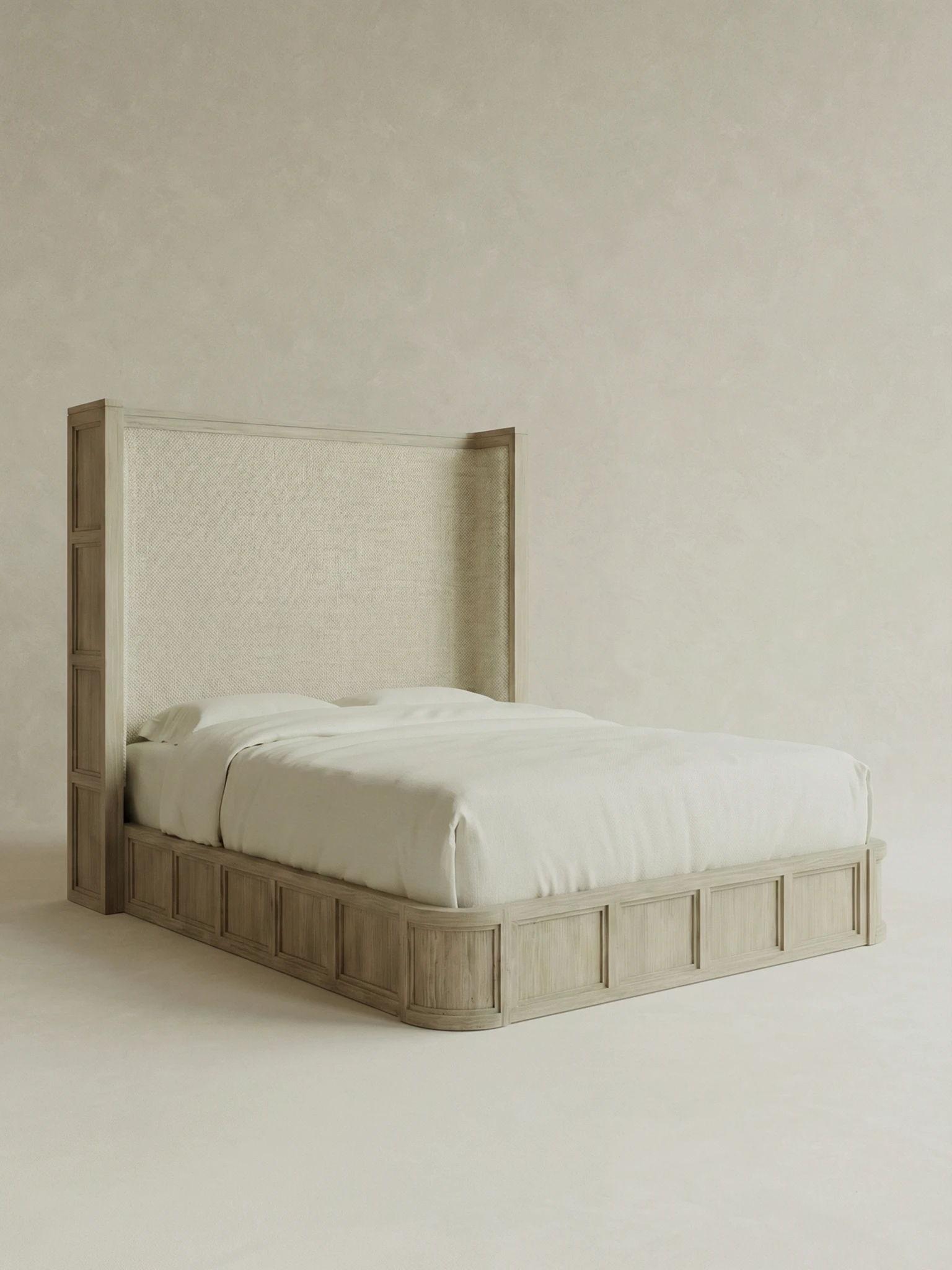 masif mese panel detayli karyola tasarimi, dosemeli baslikli modern yatak modeli, ozel uretim ahsap karyola, japandi stil modern yatak tasarimi, panel detayli premium karyola