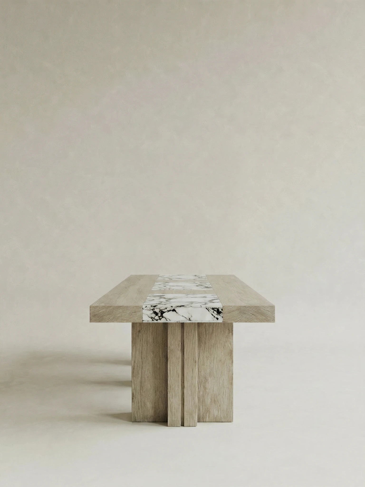 masif mese mermer intarsia yemek masasi, coklu ayakli modern dining table tasarimi, ozel uretim ahsap masa tasarimi, tas inlay detayli modern masa, mimari heykelsi yemek masasi