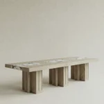 masif mese mermer intarsia yemek masasi, coklu ayakli modern dining table tasarimi, ozel uretim ahsap masa tasarimi, tas inlay detayli modern masa, mimari heykelsi yemek masasi