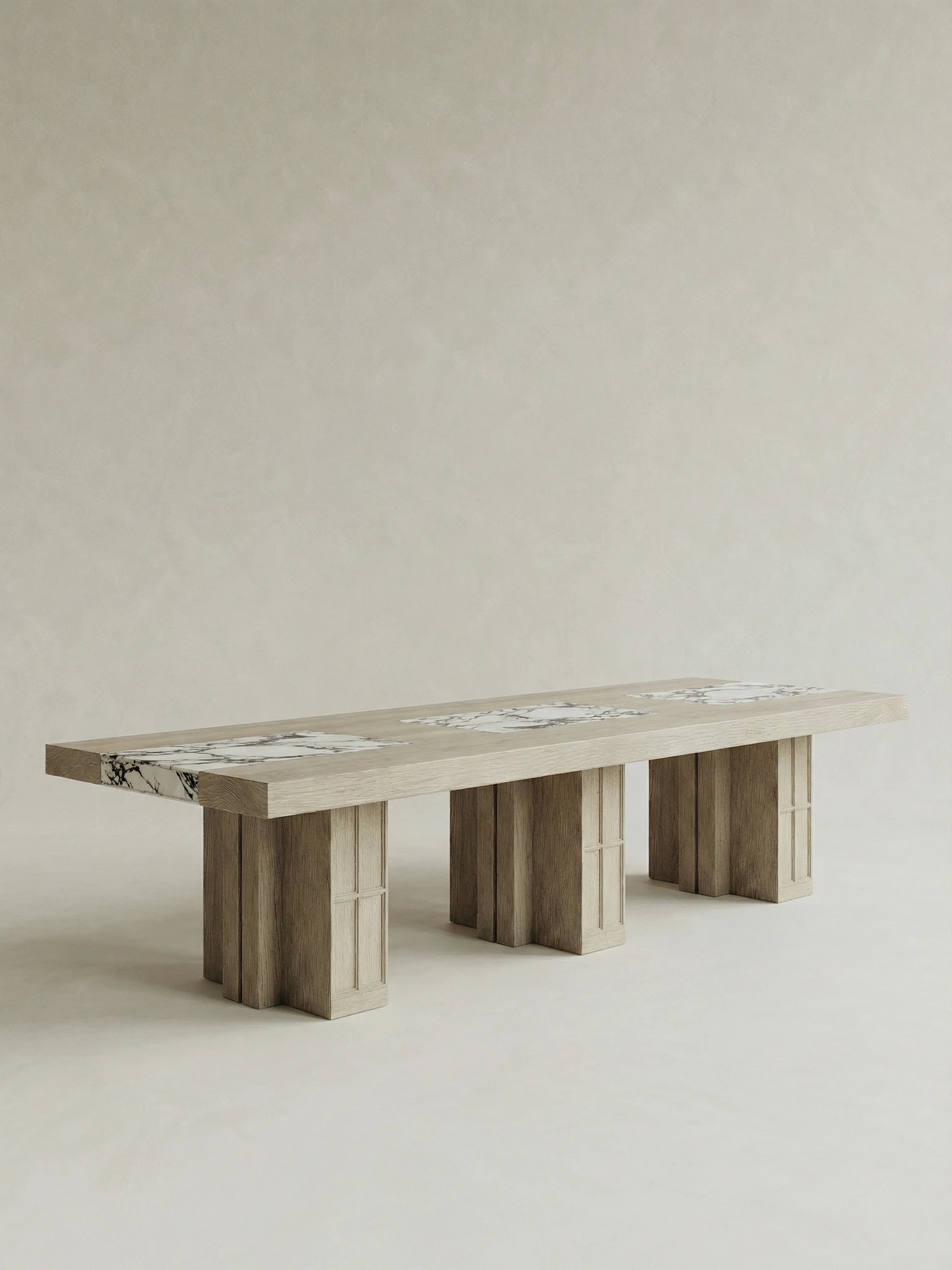 masif mese mermer intarsia yemek masasi, coklu ayakli modern dining table tasarimi, ozel uretim ahsap masa tasarimi, tas inlay detayli modern masa, mimari heykelsi yemek masasi