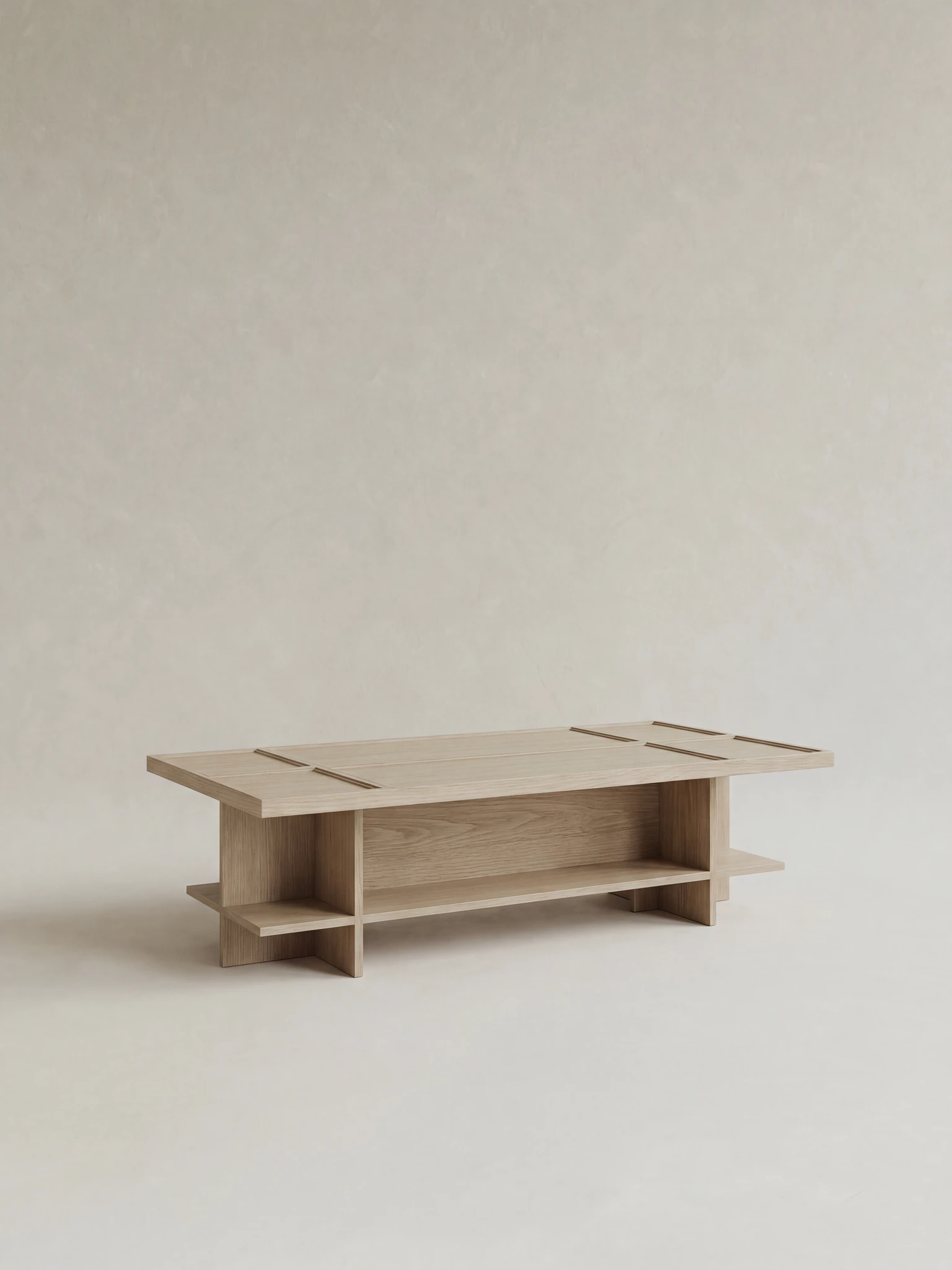 masif mese panel yuzey orta sehpa, acik rafli modern coffee table tasarimi, ozel uretim ahsap orta sehpa, grid form minimal sehpa tasarimi, panel detayli modern orta sehpa