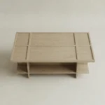 masif mese panel yuzey orta sehpa, acik rafli modern coffee table tasarimi, ozel uretim ahsap orta sehpa, grid form minimal sehpa tasarimi, panel detayli modern orta sehpa