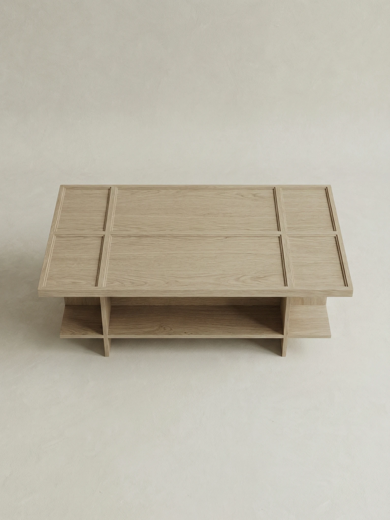 masif mese panel yuzey orta sehpa, acik rafli modern coffee table tasarimi, ozel uretim ahsap orta sehpa, grid form minimal sehpa tasarimi, panel detayli modern orta sehpa