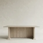 masif mese ahsap tabla panel ayak masa, dikey panel detayli modern yemek masasi, ozel uretim ahsap dining table tasarimi, monolitik modern masa japandi stil, panel govdeli heykelsi masa