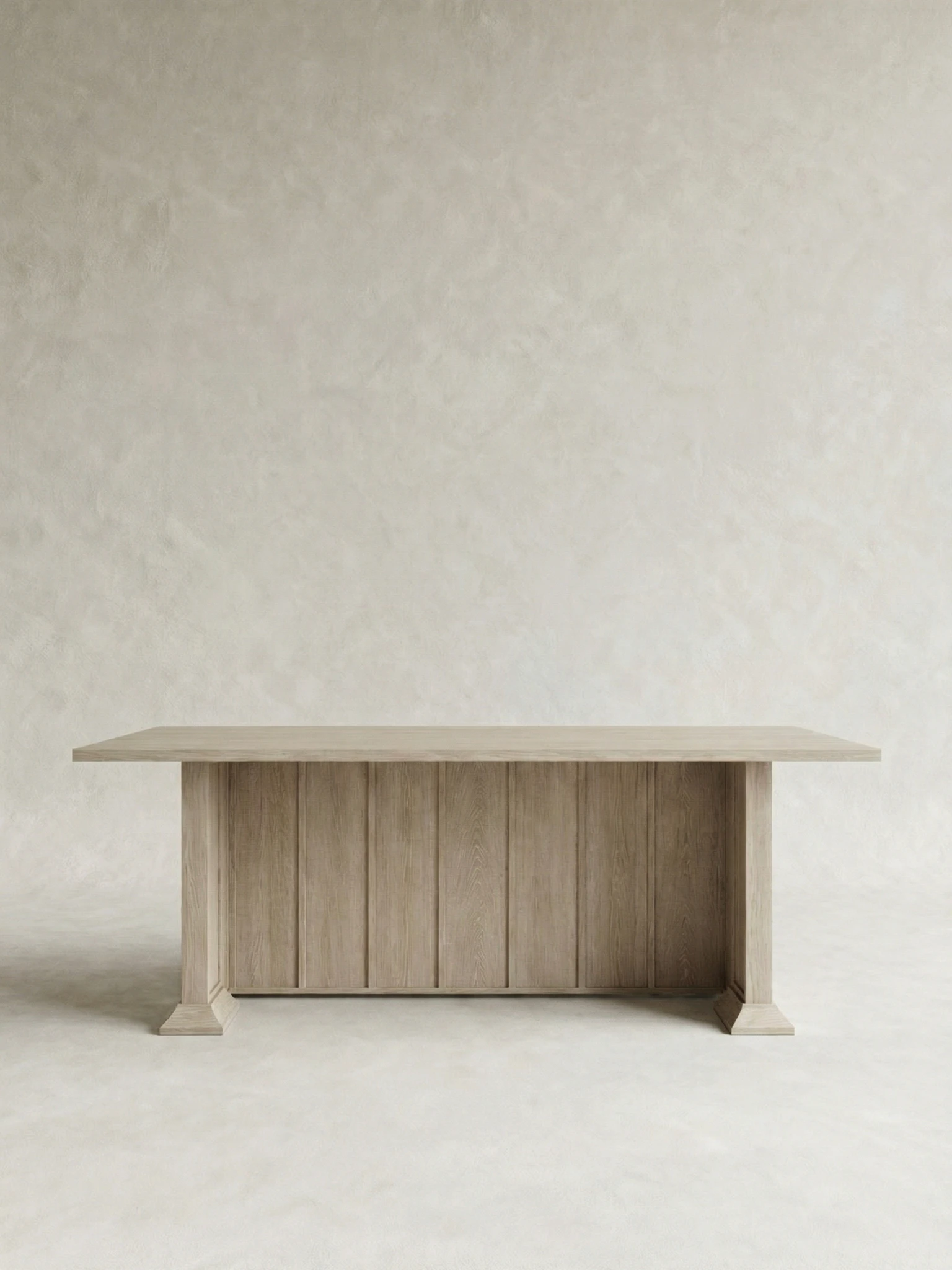 masif mese ahsap tabla panel ayak masa, dikey panel detayli modern yemek masasi, ozel uretim ahsap dining table tasarimi, monolitik modern masa japandi stil, panel govdeli heykelsi masa