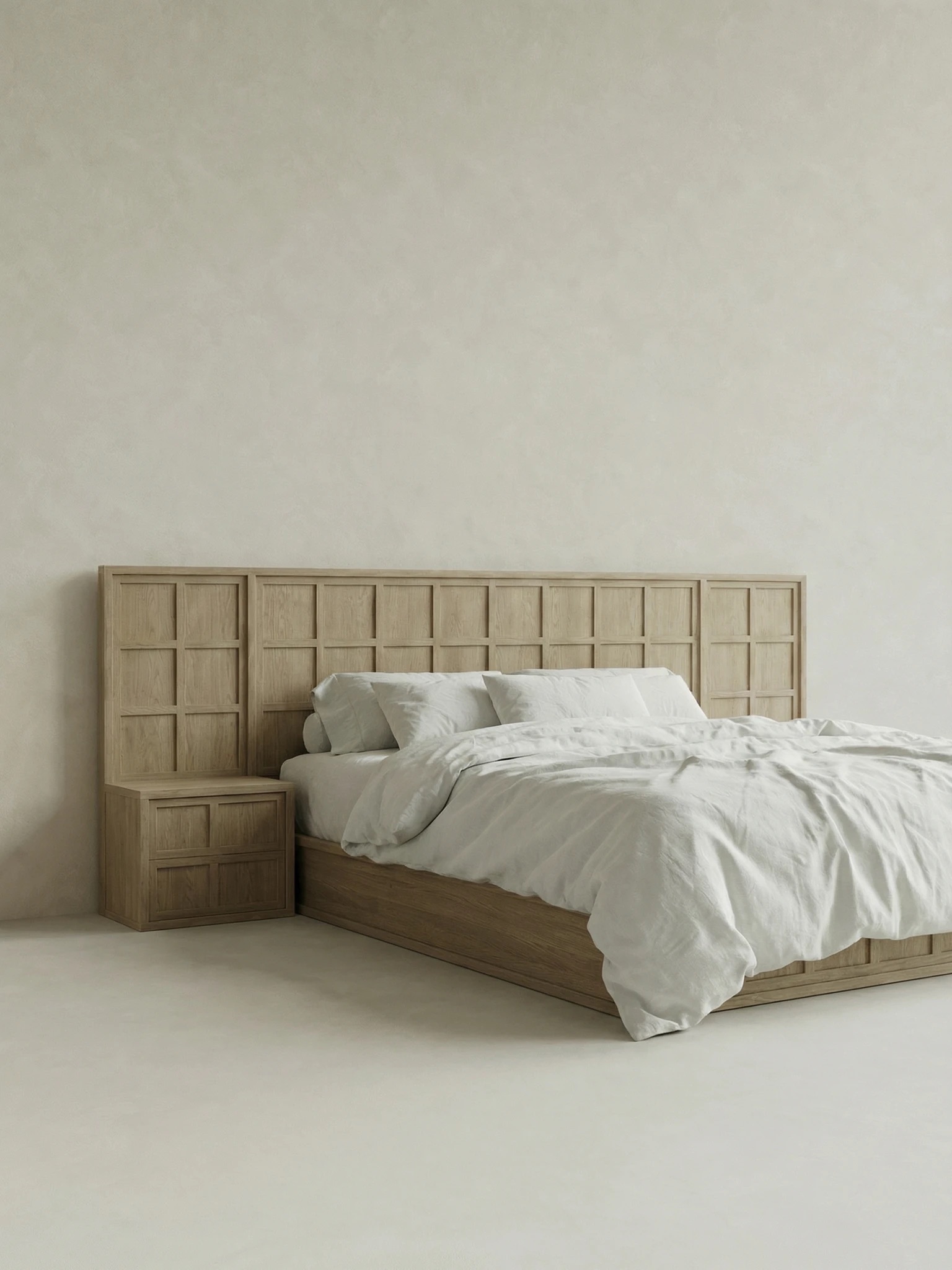 masif ahsap karyola panel baslik tasarim, ozel uretim modern yatak modeli siparis mobilya, japandi stil platform karyola tasarimi, panel detayli yatak odasi mobilyasi ismaralama, modern ahsap karyola minimal govde