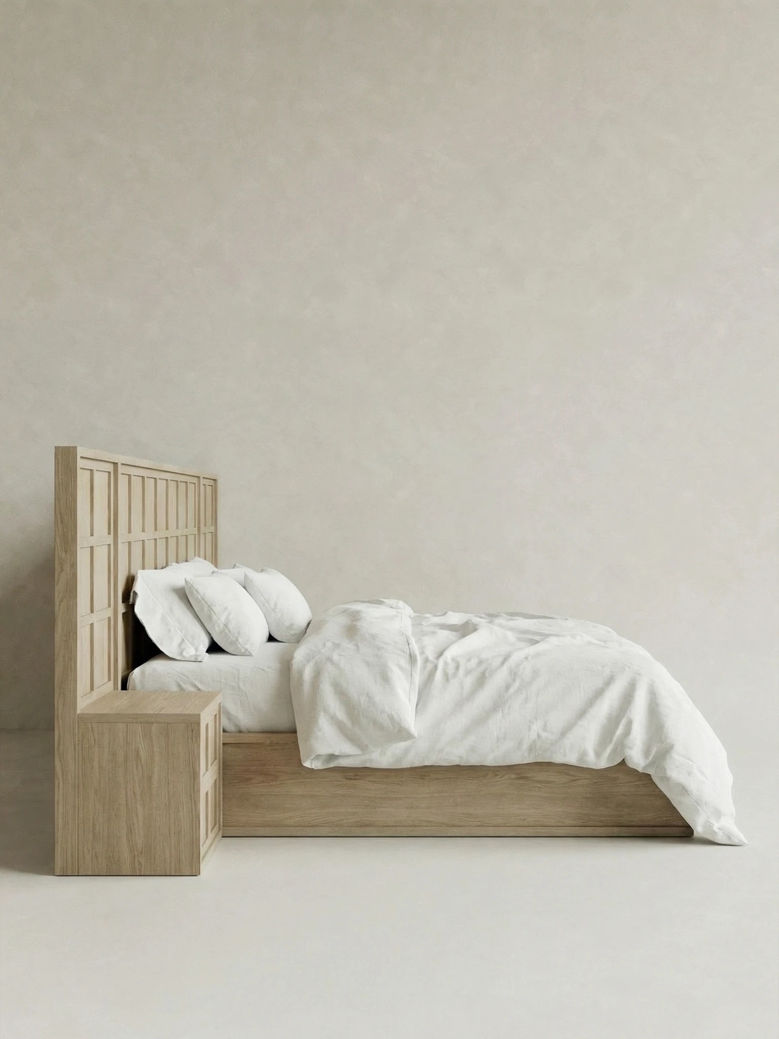 masif ahsap karyola panel baslik tasarim, ozel uretim modern yatak modeli siparis mobilya, japandi stil platform karyola tasarimi, panel detayli yatak odasi mobilyasi ismaralama, modern ahsap karyola minimal govde